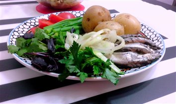 картофель в мундире, килька и зелень
