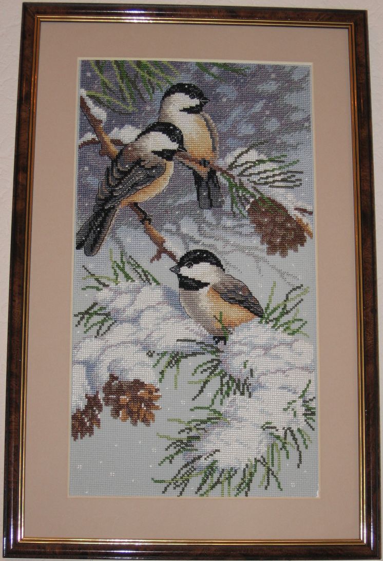 Снегири и сосновые шишки Dimensions. Вышивка