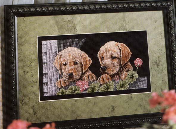 Puppies with Geraniums. Animals: