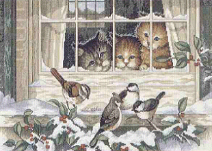 Dim. Three Bird Watchers. Cats