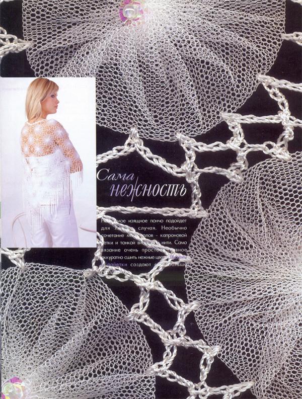 Элементы изделий выполнены в виде розеток из капроновых лент и соединены с помощью крючка. Свитера,платья 