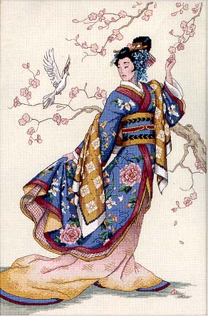 Японка в голубом с птицей. ЯПОНИЯ