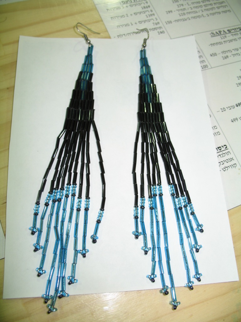 Чёрно-голубые серьги, длиные. Бисер - Украшения