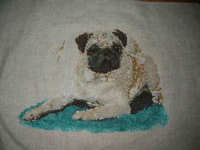  процесс вышивания мопсика