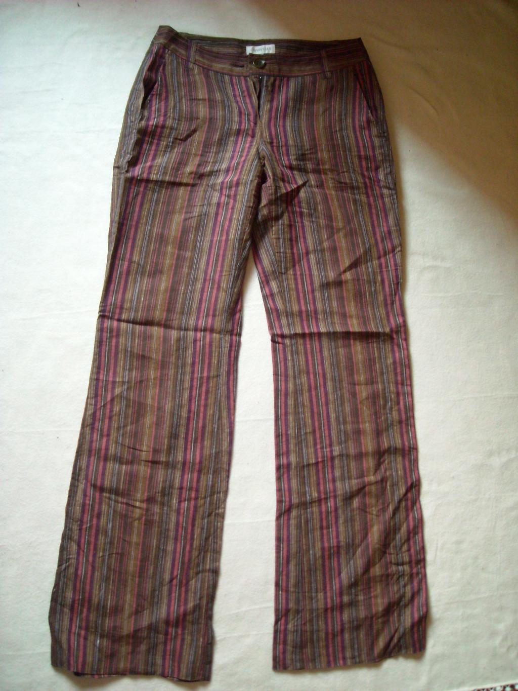 Льняные коричневые брюки в полоску. Брюки/Джинсы