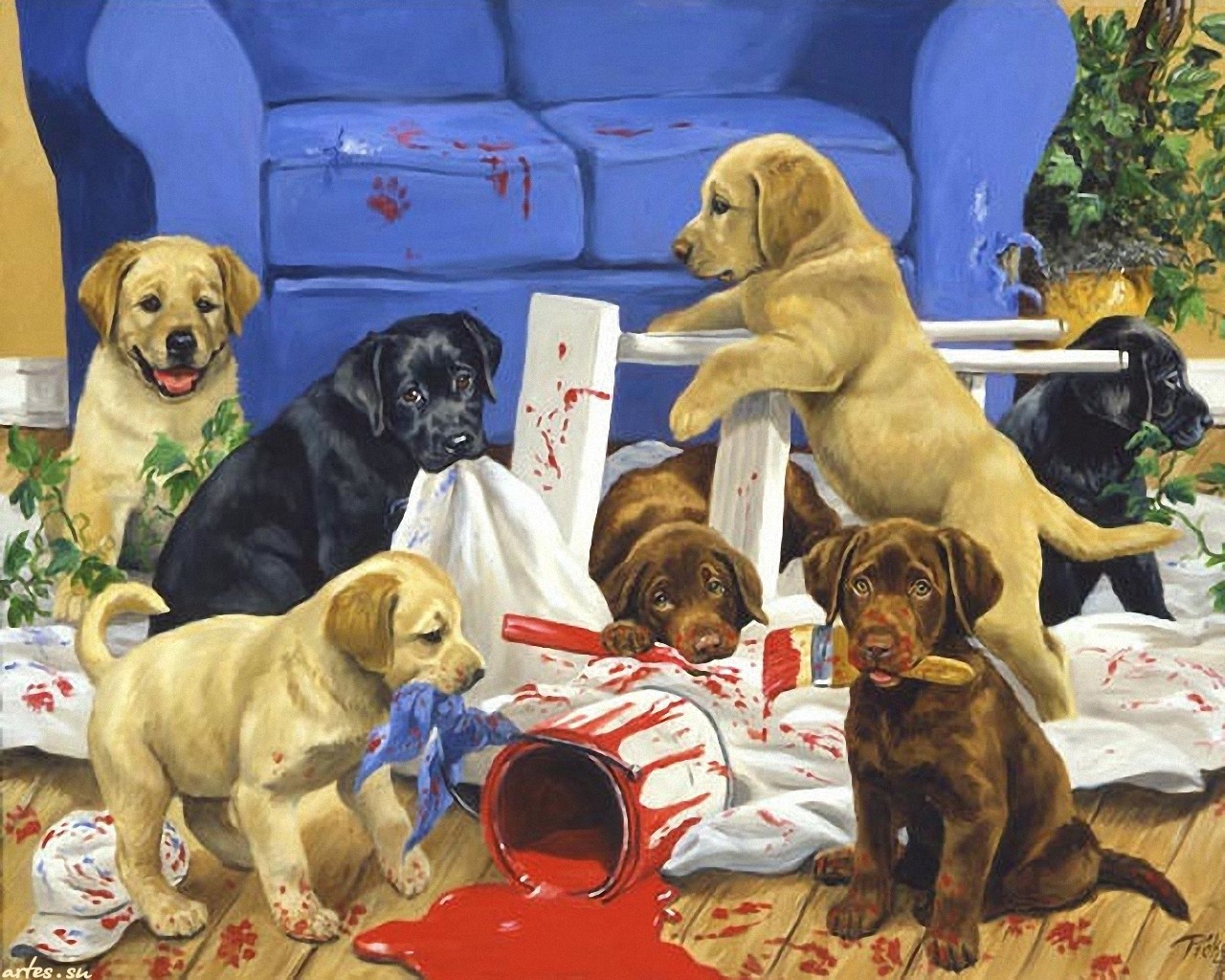 Картина собака со щенятами
