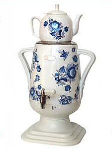 47252  Самовар ДО-417 4л/1л,бел,нерж/фарфор,ГЖЕЛЬ . Самовары