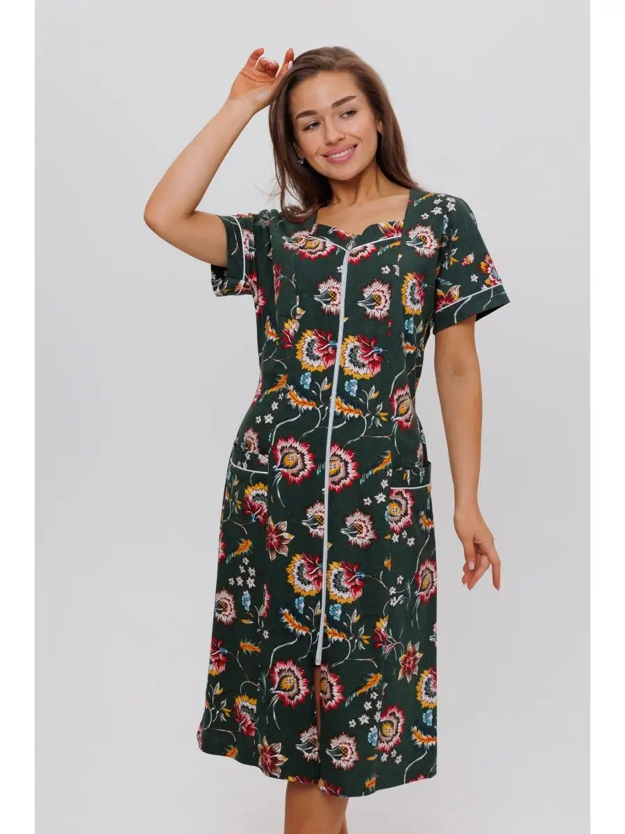 Халат женский на молнии короткий рукав хлопок 62. ПИАР