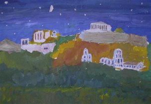 'Афинский акрополь ночью'