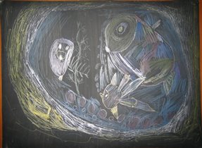 Наши рисунки, Даша,3,5-4 года. Графика 'Аквариум с рыбками'