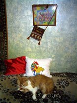 На стене картина и сумочка,рядом с котом Мотей подушка с Петушком