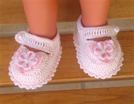 Pink Shell Preemie Baby Girl Mary Janes Booties with Flowers b
