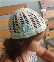 Victorian style Ecru crochet hat bonnet w/Blue flower