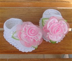 Mary Janes White w/ Pink satin rose d