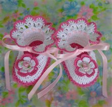 Hot PINK Rose Pearls MARY JANE Baby Crochet Booties c