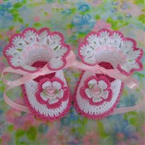 Hot PINK Rose Pearls MARY JANE Baby Crochet Booties b