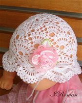 Crochet White Christening Baby hat w XL Pink Rose c