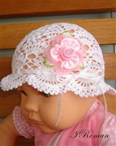 Crochet White Christening Baby hat w XL Pink Rose b