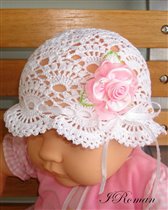 Crochet White Christening Baby hat w XL Pink Rose a