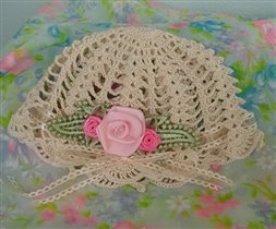 VENICE Leaves Pink Roses Ecru Crochet Hat Bonnet b
