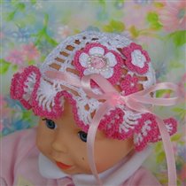 Pink White Flowers Ruffles Preemy Newborn Crochet Hat Bonnet b