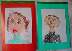 Лёша нарисовал родителей - к 23 февраля и к 8 марта. Преподаватель рисования в садике постаралась :-)