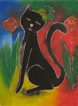 черная кошка  (батик) - работа Даши