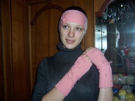 Комплект митенки и повязка на голову 'Розовый букетик'