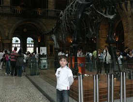 Дема в музее рядом с динозавром.