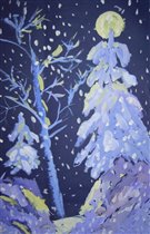 Снегопад в ночном лесу (гуашь, бумага для пастели)