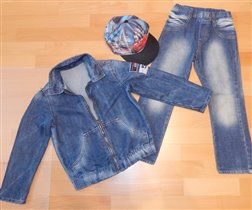 Джинсы + джинсовка + бейсболка р.116-122 - 600 руб